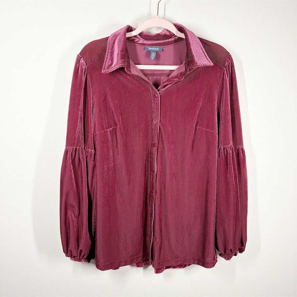 ModCloth Here For The Drama Balloon Sleeve Rib Velvet Button Up Top Size L Pink